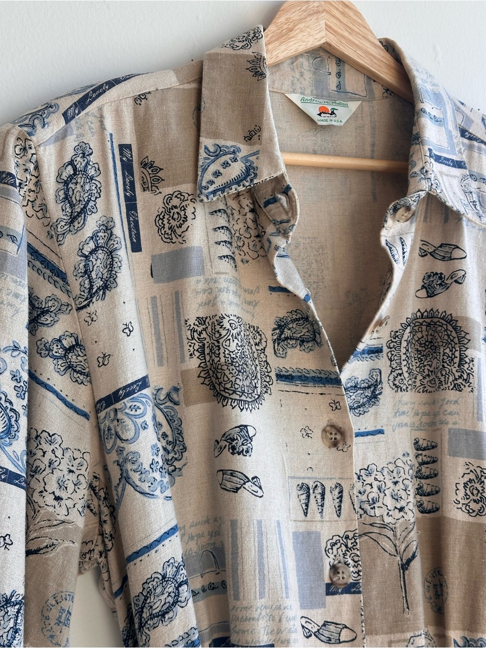 Rare Vintage Linen 70s/80s Printed Button-Front Midi Dress with Tie Waist - Picture 4 of 15